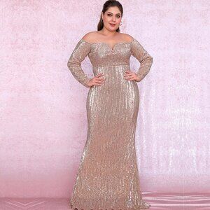 LOVE & LEMONADE Rose Gold Deep V-Neck Off-The-Shoulder Sequin Gown Size 2XL